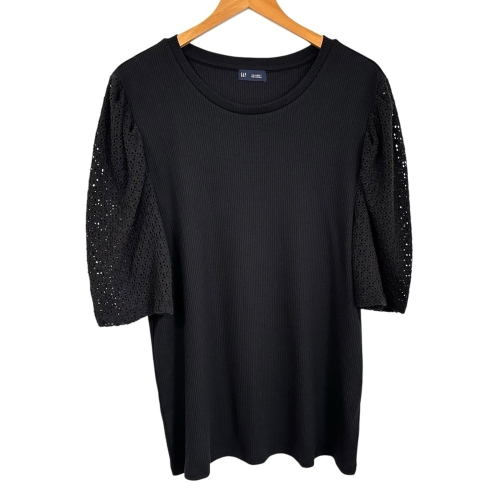 Gap Womens Puff Sleeve Ribbed Eyelet T Shirt Sz XXL Tall Black Short Sleeve NWT